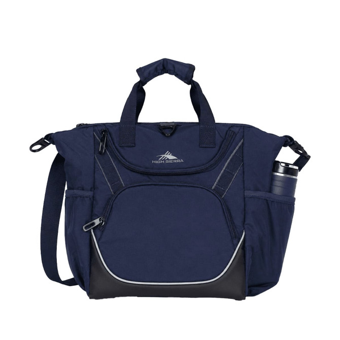 A navy cooler bag with multiple compartments, handles, a shoulder strap, and a drink bottle holder. It features a logo.