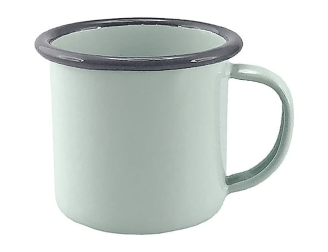 A mint green espresso mug with a dark rim and handle, featuring a smooth enamel finish and a branding logo.
