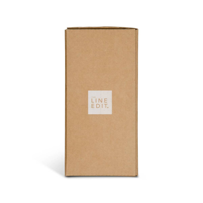 A rectangular cardboard box with a logo on the front, featuring a neutral brown colour and a simple design.