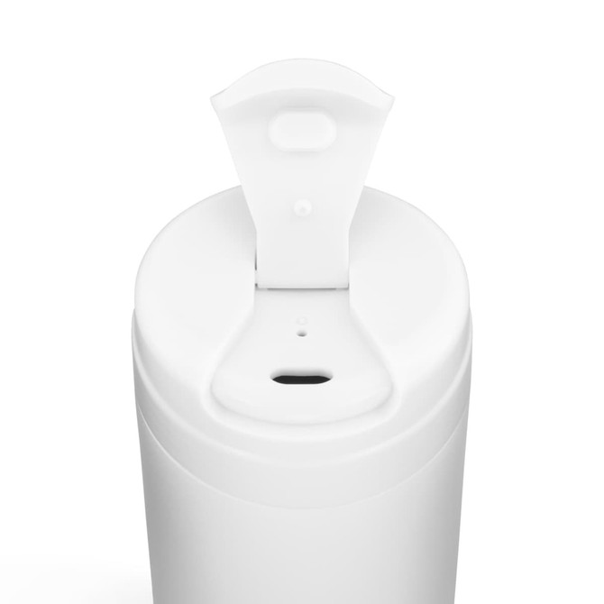 A white reusable coffee cup with a flip-top lid and a logo on the surface.