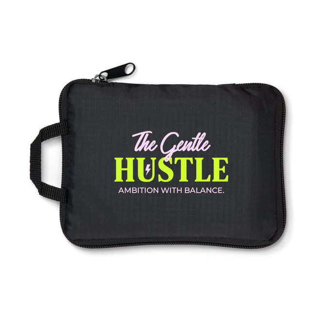 A black zippered pouch with a handle, featuring colourful text and a logo.
