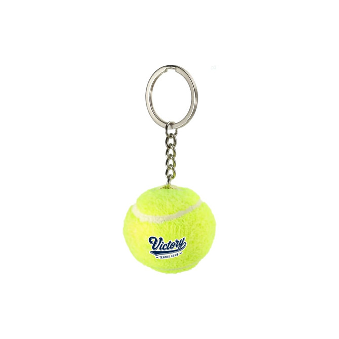 A tennis ball keyring in bright yellow with a white stripe, attached to a metal chain and keyring.