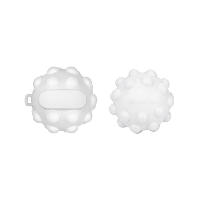 A white Popper Ball featuring a textured surface with rounded protrusions and a flat section on one side.
