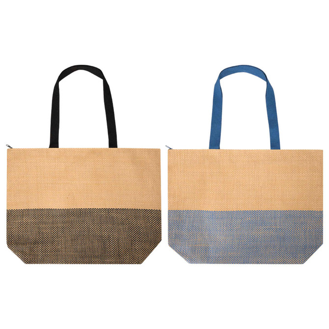 Large zipped tote bag featuring a natural tone with a black and blue patterned bottom. Includes two handles.