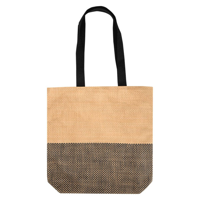 A tote bag in natural and black, featuring a textured design and two sturdy handles. Includes a logo on the side.