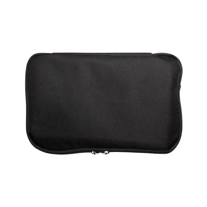 A black, zippered pouch with a smooth fabric exterior, featuring a simple design and no visible branding.