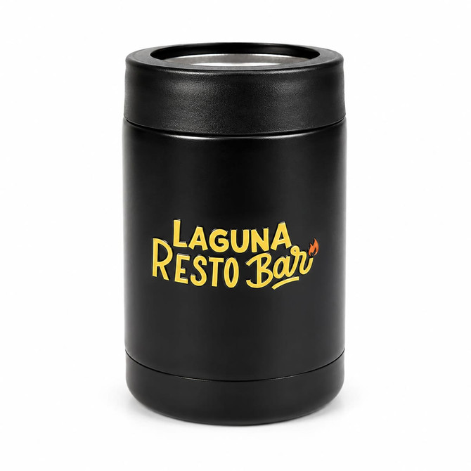 A black drink bottle with a cylindrical design. It features a logo on the front.