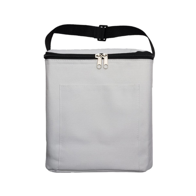 A grey cooler bag with a zippered top and a front pocket, featuring a black adjustable strap.