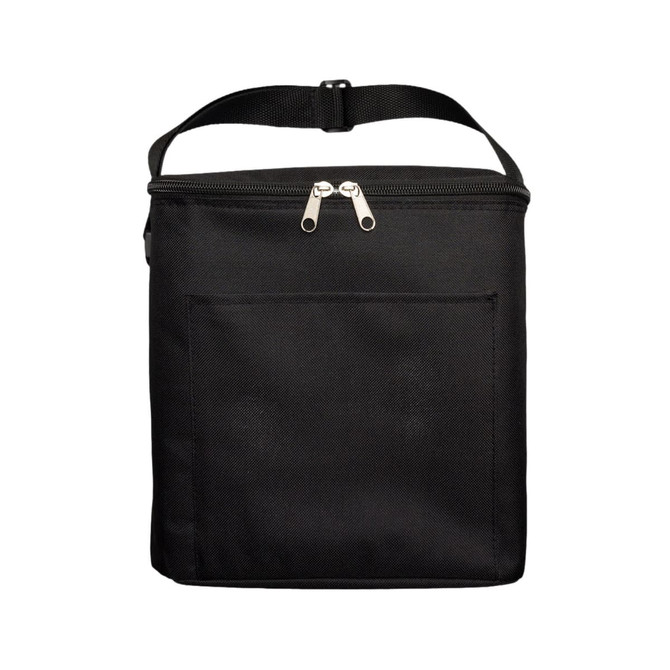 A black insulated cooler bag with a zip closure and a front pocket, featuring a sturdy carry strap.