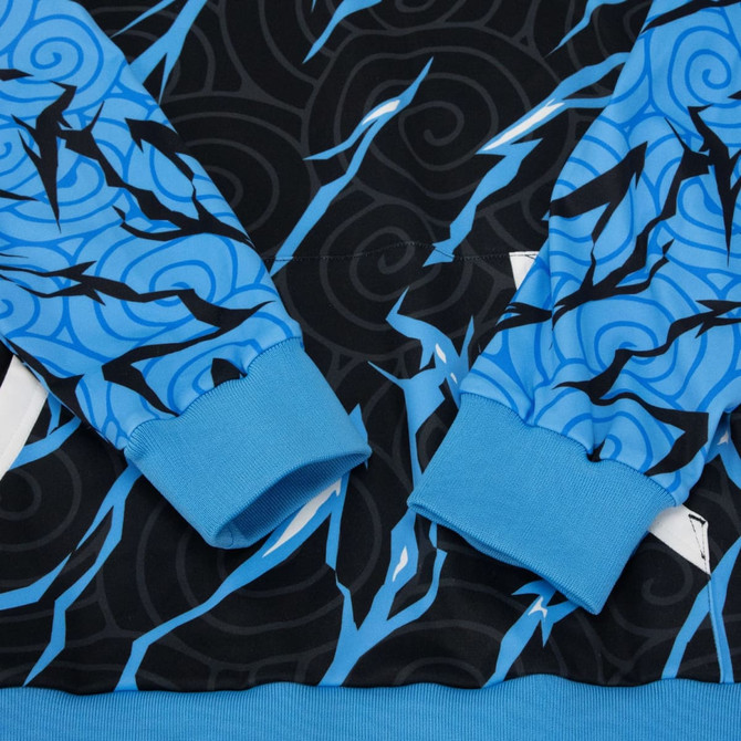A custom men's active hoodie featuring a blue and black lightning swirl pattern with contrasting blue cuffs and hem.