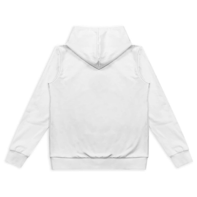 A white custom women's active hoodie with a hood, featuring a minimalist design and ribbed cuffs.