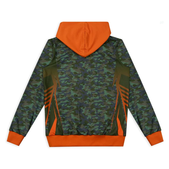 A custom youth active hoodie in camouflage green with orange accents and a hood, featuring a logo.