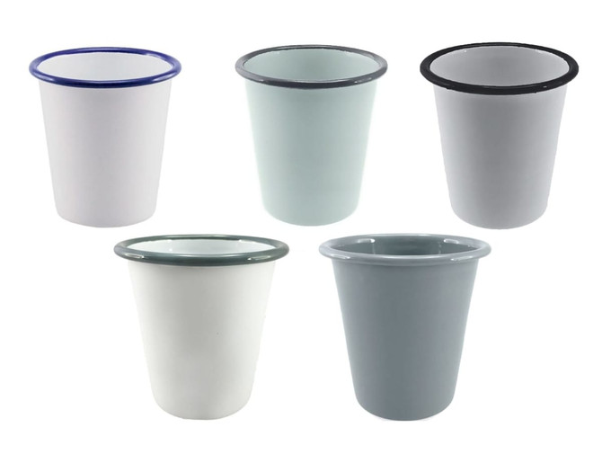 A collection of five enamel tumblers in white, light green, grey, and blue, each with contrasting rims and a logo.
