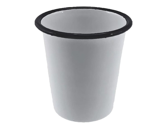 A drink bottle featuring a white enamel body with a black rim. It has a simple, sleek design.