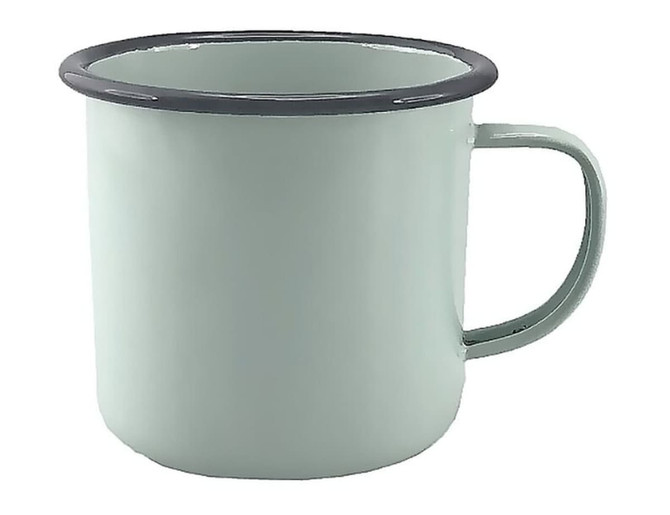 A light green enamel mug with a dark rim, featuring a handle. Holds 500ml and has a smooth interior finish.