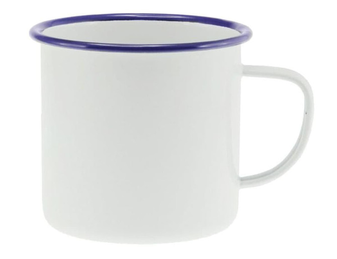 A 500ml white enamel mug with a blue rim and a handle. It features a logo on the side.