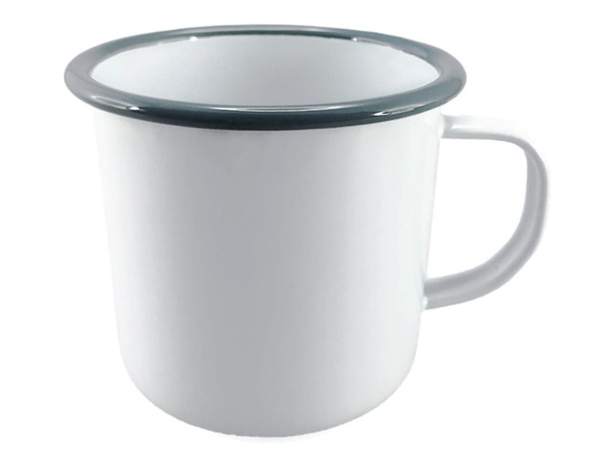 A white enamel mug with a grey rim and a handle, featuring a logo on the side. Suitable for beverages.