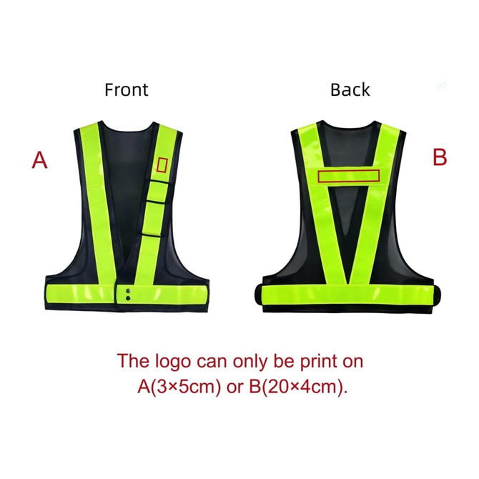A reflective safety vest in bright yellow with adjustable straps and a pocket, featuring a logo area.