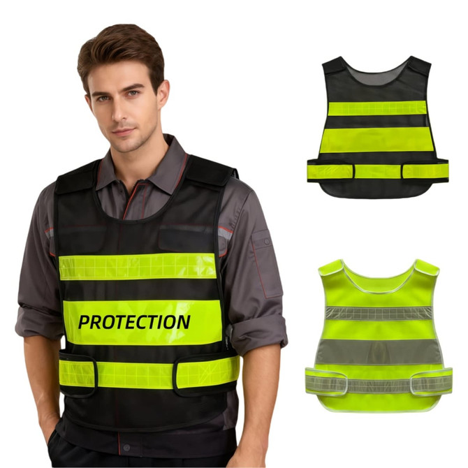 A gourd-shaped high-visibility reflective safety vest in black and bright yellow, featuring adjustable straps and a logo.