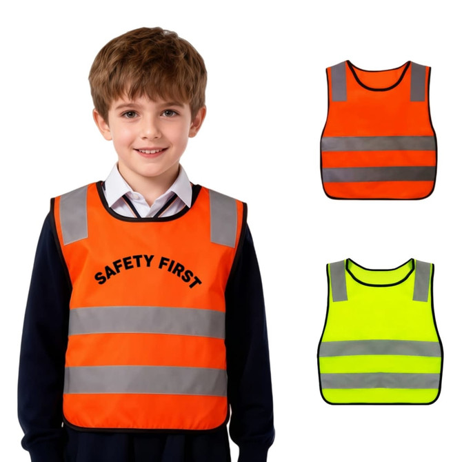 A reflective safety vest for kids in orange and yellow, featuring silver stripes and a logo.