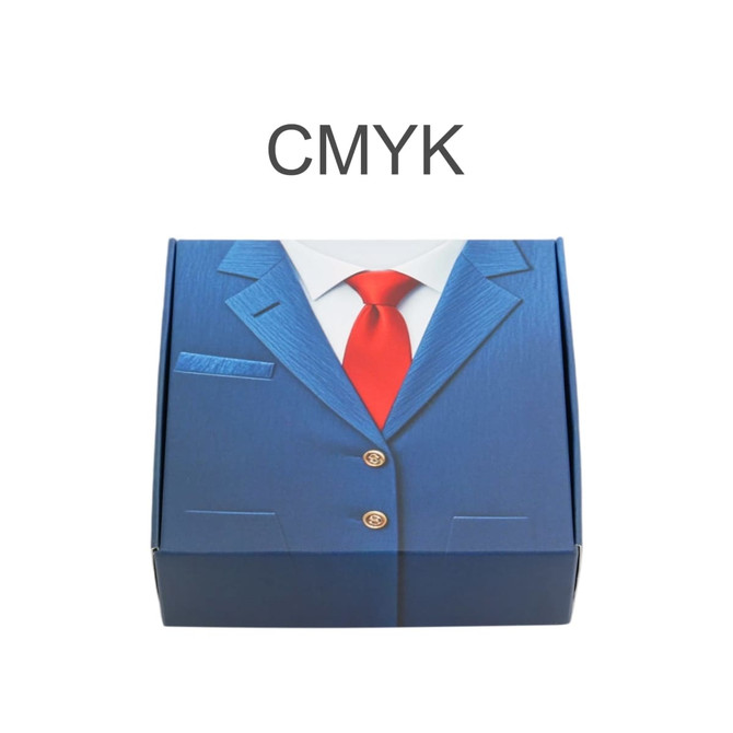 A custom gift box featuring a blue suit design with a red tie and buttons, including a square window.