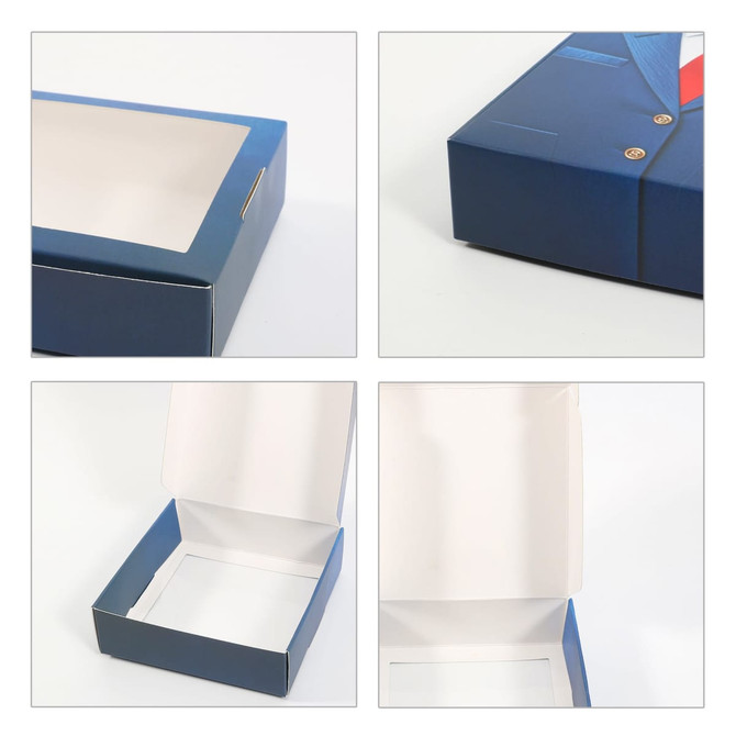 A blue custom flip-top gift box featuring a square window, with an open design showcasing the interior.