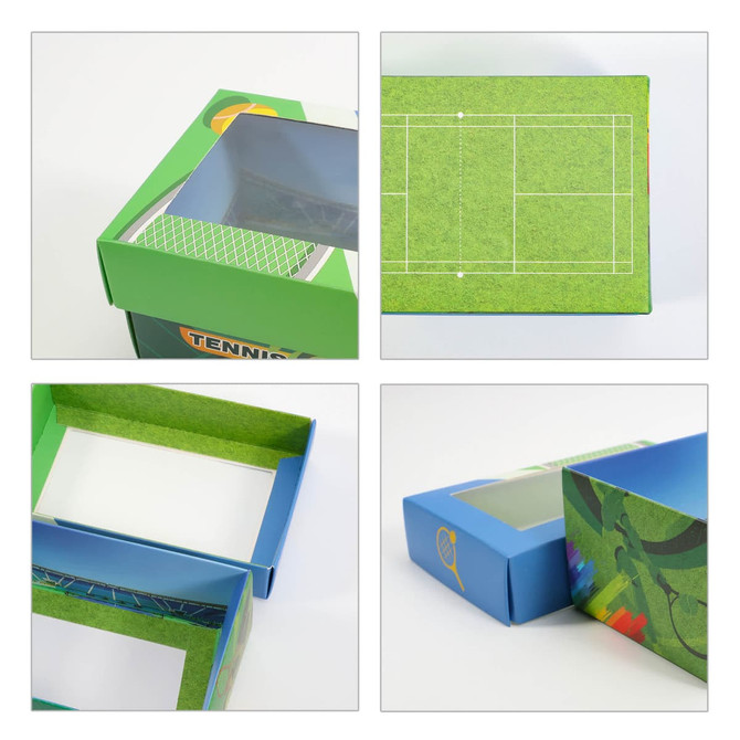 A green custom gift box with a windowed removable lid, featuring tennis court graphics and a logo.