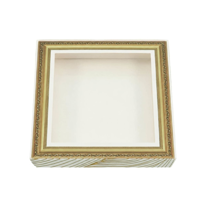 A square gift box with a decorative golden frame design, featuring a plain interior.