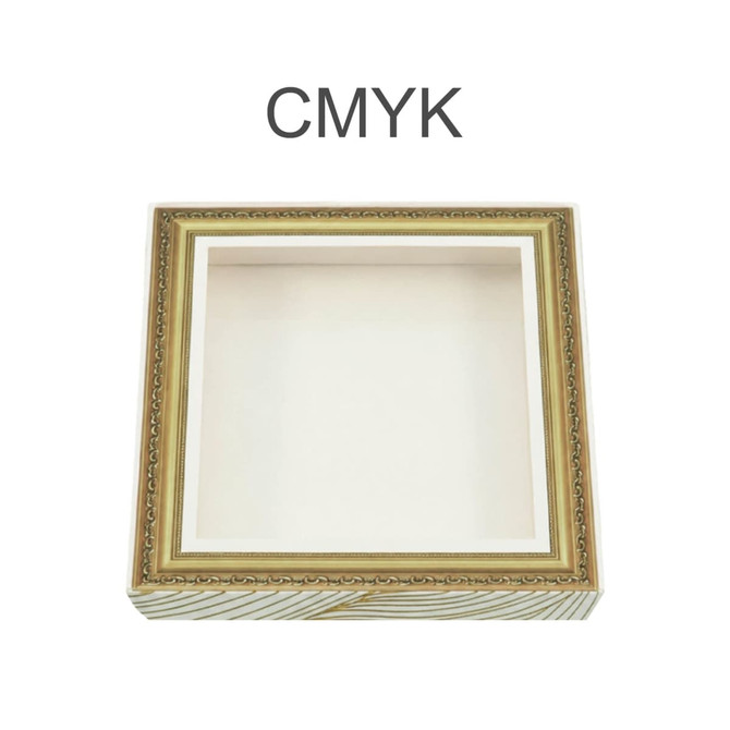 A square picture frame-style gift box with a decorative gold border and an empty interior. It has a logo.