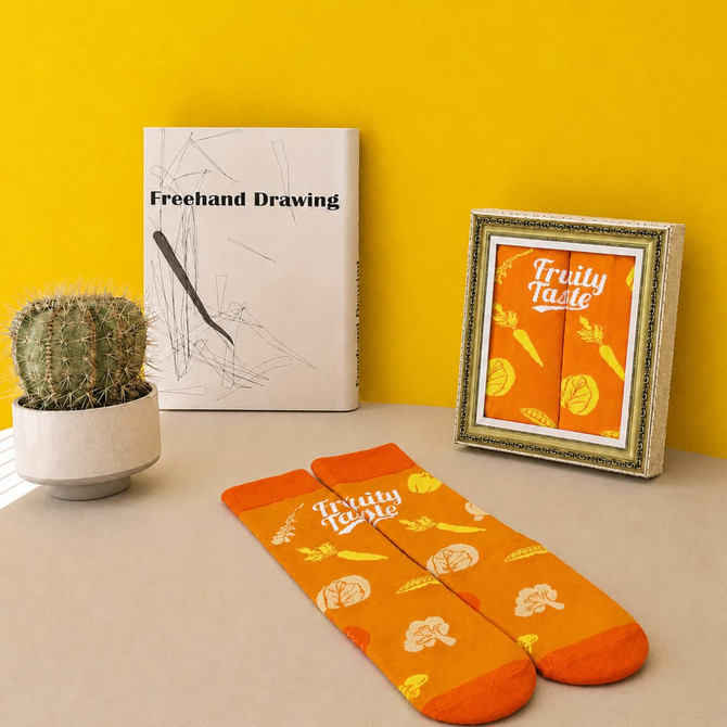 A framed picture in a decorative frame, with orange-patterned socks displayed beside a cactus and a drawing book.