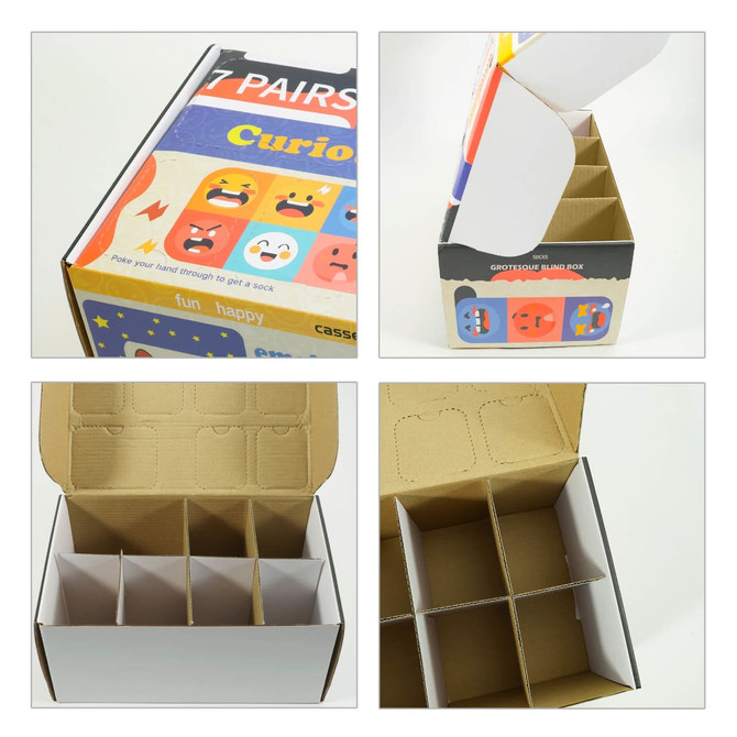 A multi-compartment blind box in vibrant colours with a logo, featuring sections for organisation.