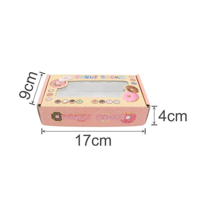 A medium pink custom gift box with a rectangular window, decorated with donut designs and a logo. Dimensions are 17cm x 9cm x 4cm.