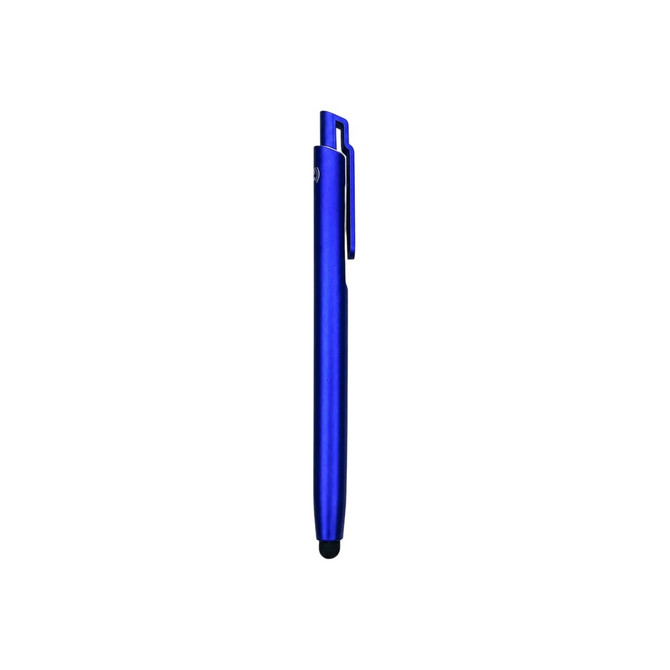 A blue NFC touchscreen ballpoint pen with a sleek design and a clip for easy attachment. It features a logo.