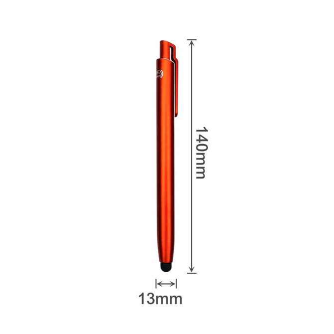 An orange ballpoint pen with a touchscreen stylus tip, featuring a clip and dimensions of 140mm by 13mm.