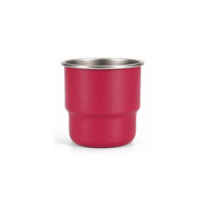 A drink bottle featuring a round bottom design, made of stainless steel with a bright pink finish and a metal rim.