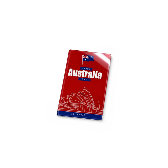 A red acrylic fridge magnet featuring the Australian flag and an outline of the Sydney Opera House with a festive design.