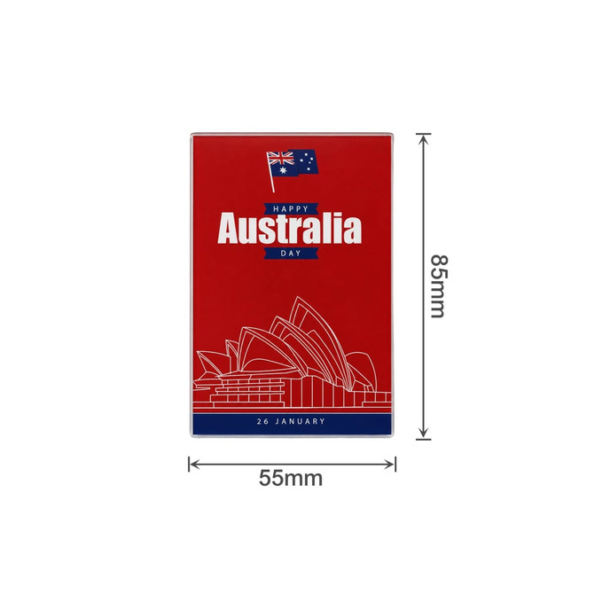 A red acrylic fridge magnet featuring the Sydney Opera House, Australian flag, and dimensions of 85mm by 55mm.