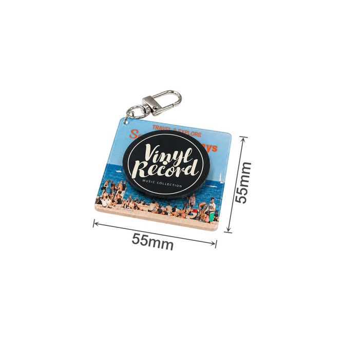 An acrylic keychain featuring a beach scene and a circular vinyl record design. It includes a metal clip for attachment.