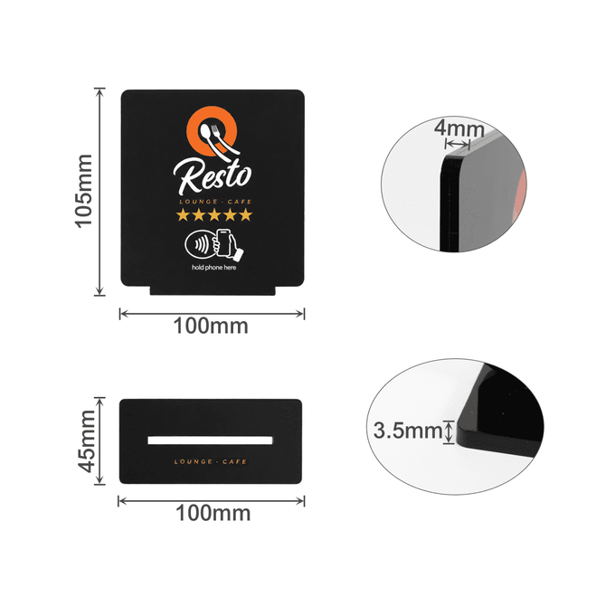 A black acrylic menu stand featuring a slot at the top and a logo. Dimensions are 105mm x 100mm.