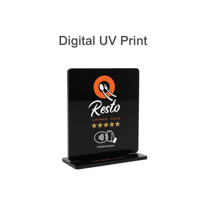 A black acrylic menu stand featuring a logo and a base for stability. Suitable for displaying menus or information.