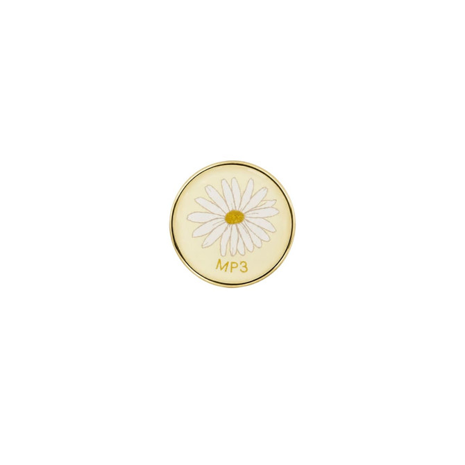 A round pin badge featuring a white daisy design with a gold outline and a yellow centre. The badge has a logo.