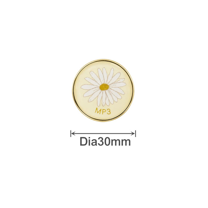 A round pin badge featuring a white daisy design on a yellow background, with a gold rim. Diameter of 30mm.