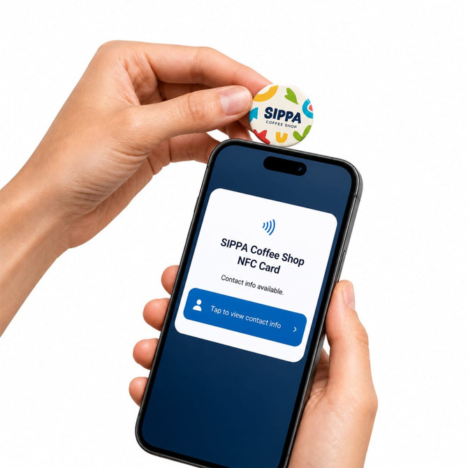 A hand holds a colourful NFC doming epoxy sticker above a smartphone displaying contact information for a coffee shop.