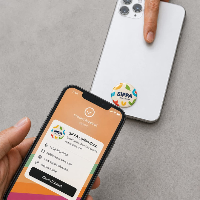 A hand holding a phone near a white smartphone featuring a colourful NFC doming epoxy sticker.