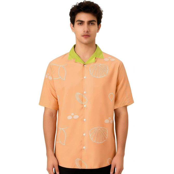 A men's short-sleeve Cuban collar shirt in orange with green collar and white fruit patterns. It features a logo.