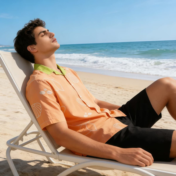 A man relaxes on a beach chair wearing an orange and lime green Cuban collar shirt with black shorts.