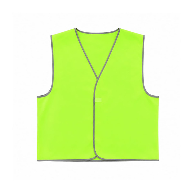 A bright yellow safety vest with reflective trim and a Velcro placket, featuring a logo.