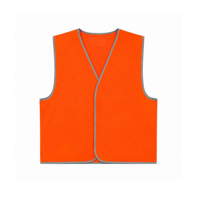 Hi-vis orange safety vest with reflective trim and a Velcro placket. Features a simple, sleeveless design.