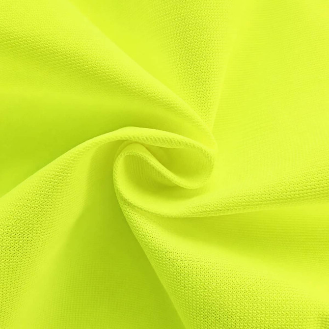A close-up of bright hi-vis yellow fabric, showcasing a textured surface. The material is soft and flexible.