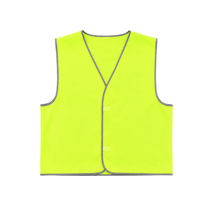 A yellow safety vest featuring reflective trim and a Velcro placket, designed for high visibility.
